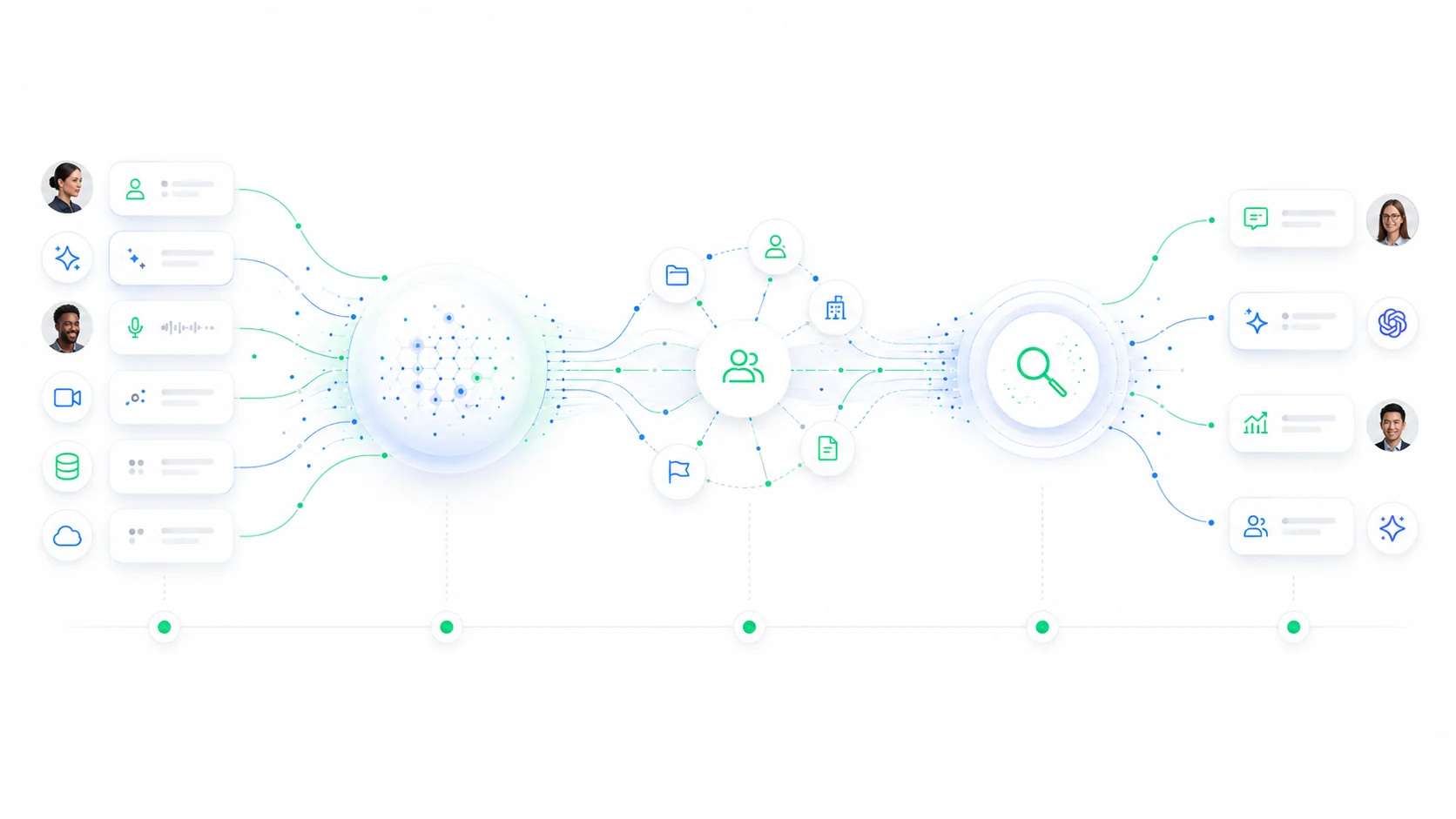 KQ Brain capture to recall flow: knowledge captured from people, AI assistants, voice, video, databases and cloud on the left, understood and linked through a knowledge graph in the middle, then recalled by people and AI assistants through semantic search on the right